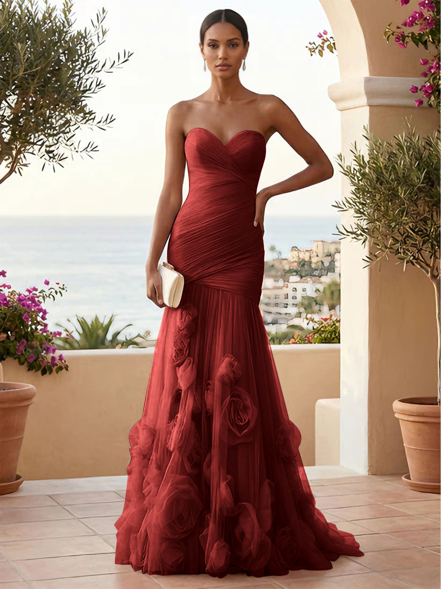 Sweetheart Tulle Pleat Mermaid Evening Dresses with 3D Flower