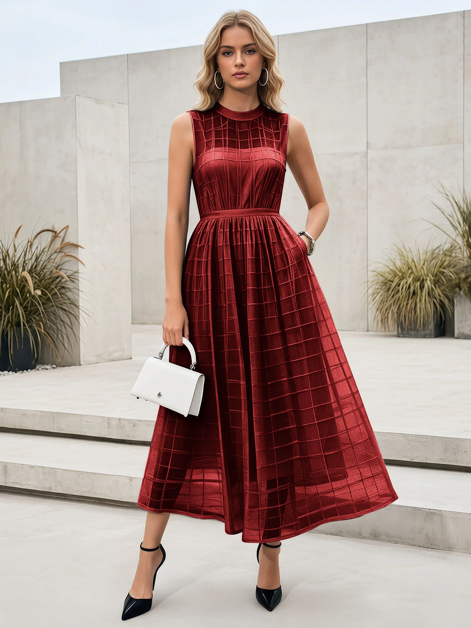 Sleeveless Grid Mesh A-Line Midi Evening Dress