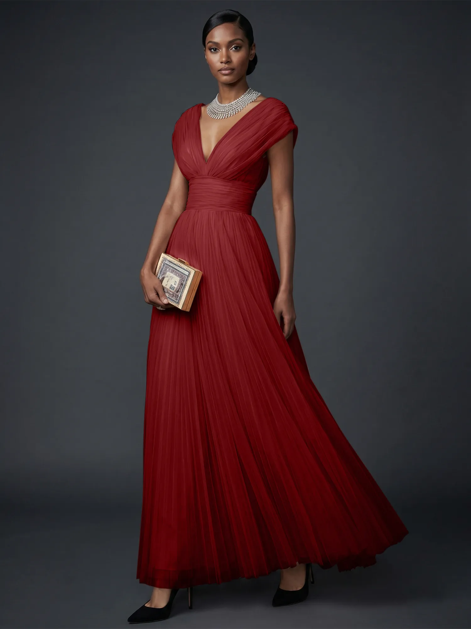Draped V-Neck Pleated Tulle Evening Gown Maxi Dress