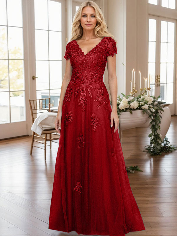 A-Line V-Neck Short Sleeves Sweep Train Lace/Tulle Mother Of The Bride Dresses