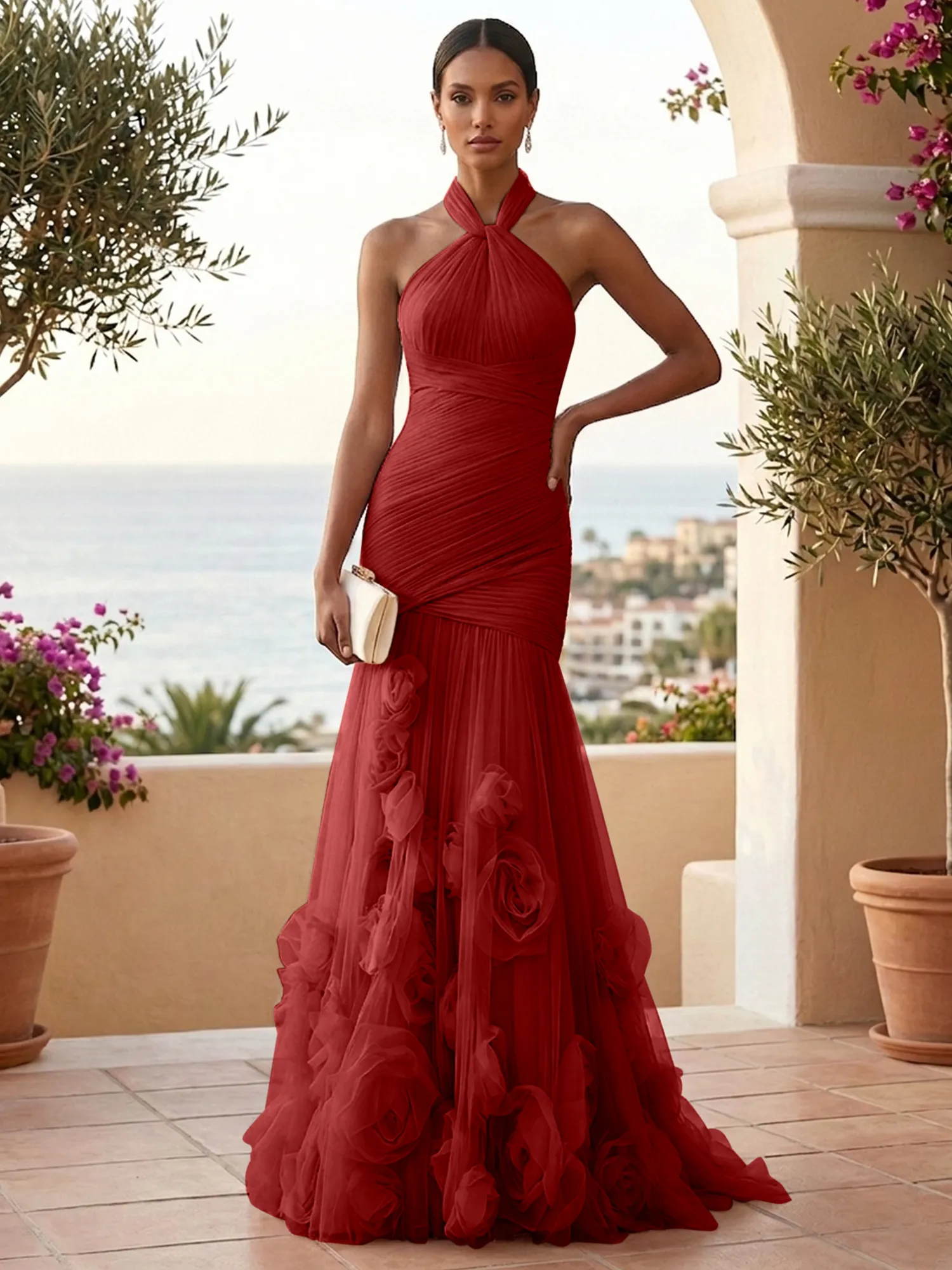 Halter Neck Ruched Tulle Mermaid Gown with 3D Floral Appliqués