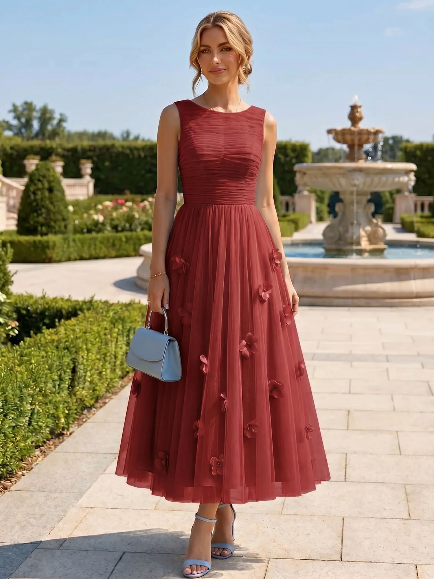 A Line Sleeveless Tulle Midi Dress with 3D Floral Appliqués