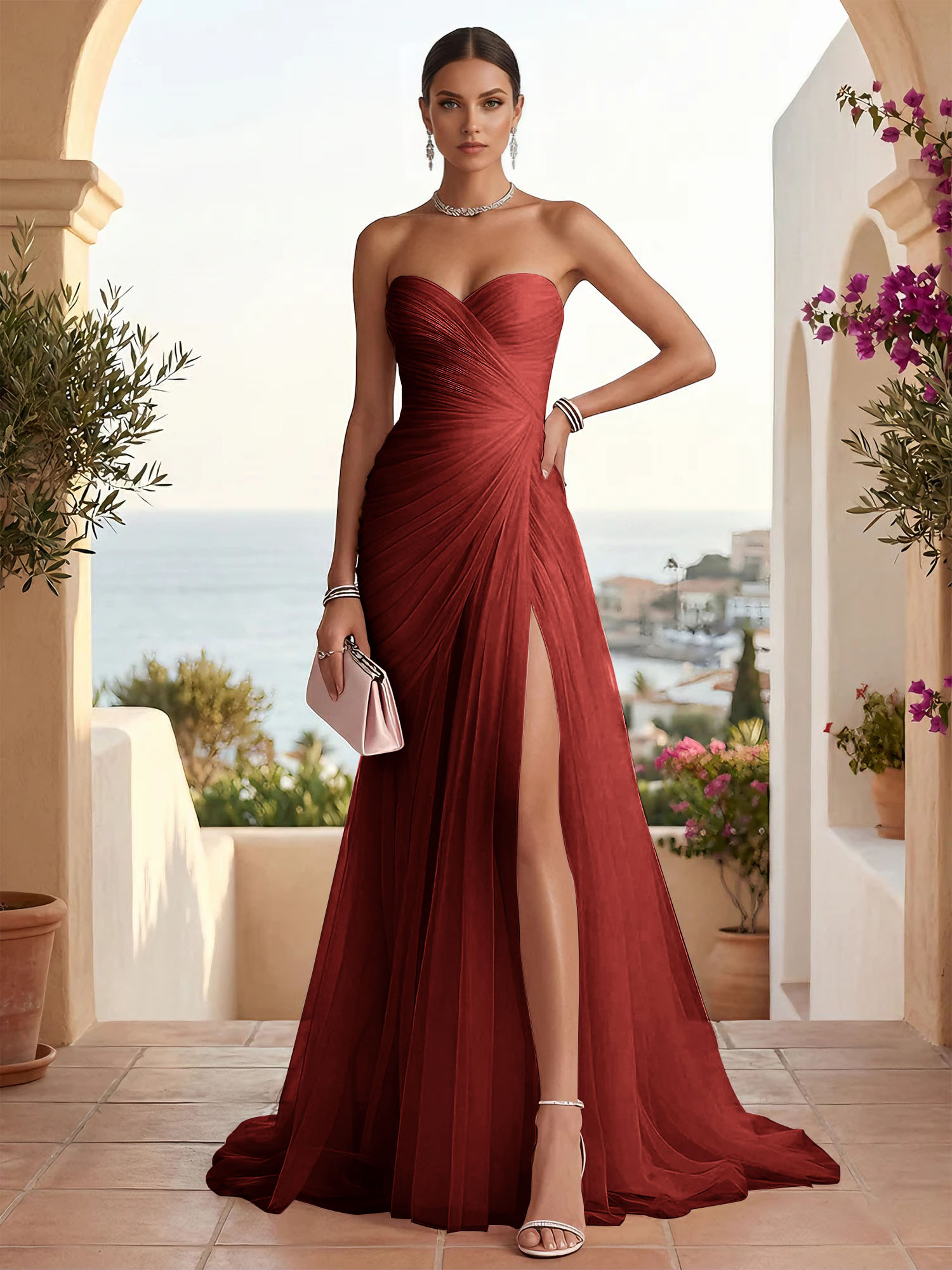 Strapless Sweetheart High Slit Tulle Pleat Prom Dress Evening Dresses