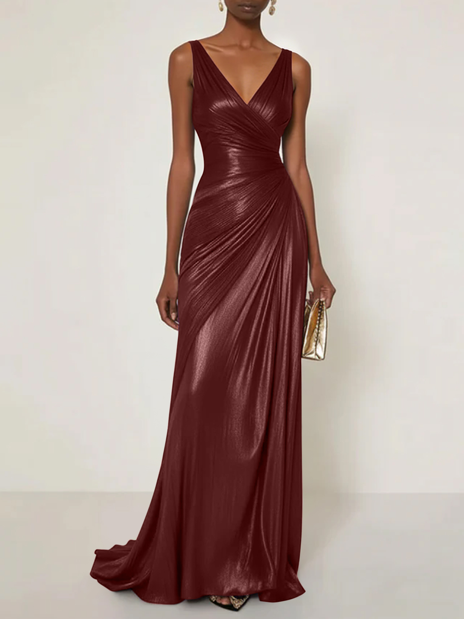 Evening Formal Dress V Neck Silk Ruffles Maxi Dress Gown