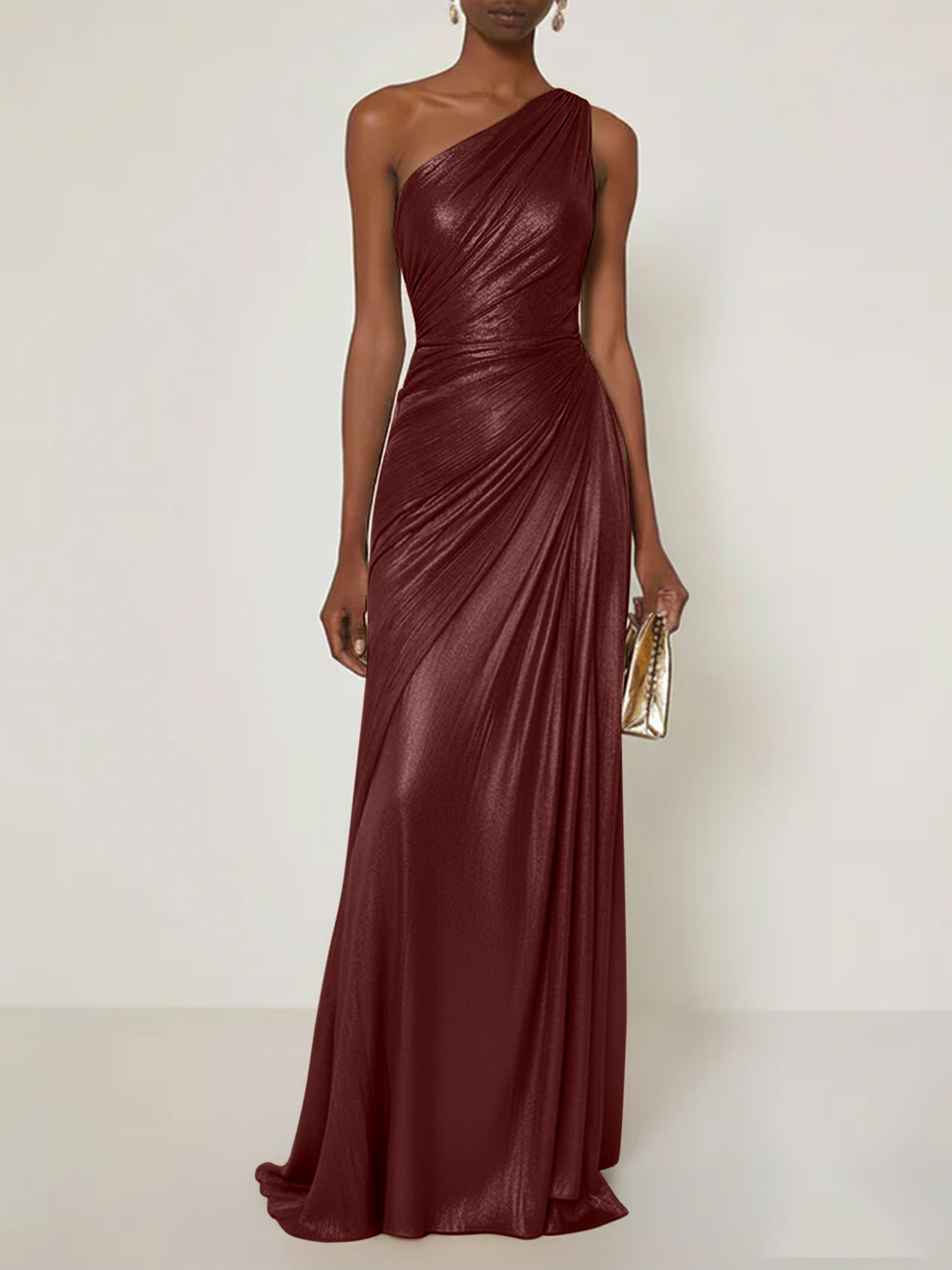 Evening Formal Dress V Neck One Shoulder Silk Ruffles Maxi Dress