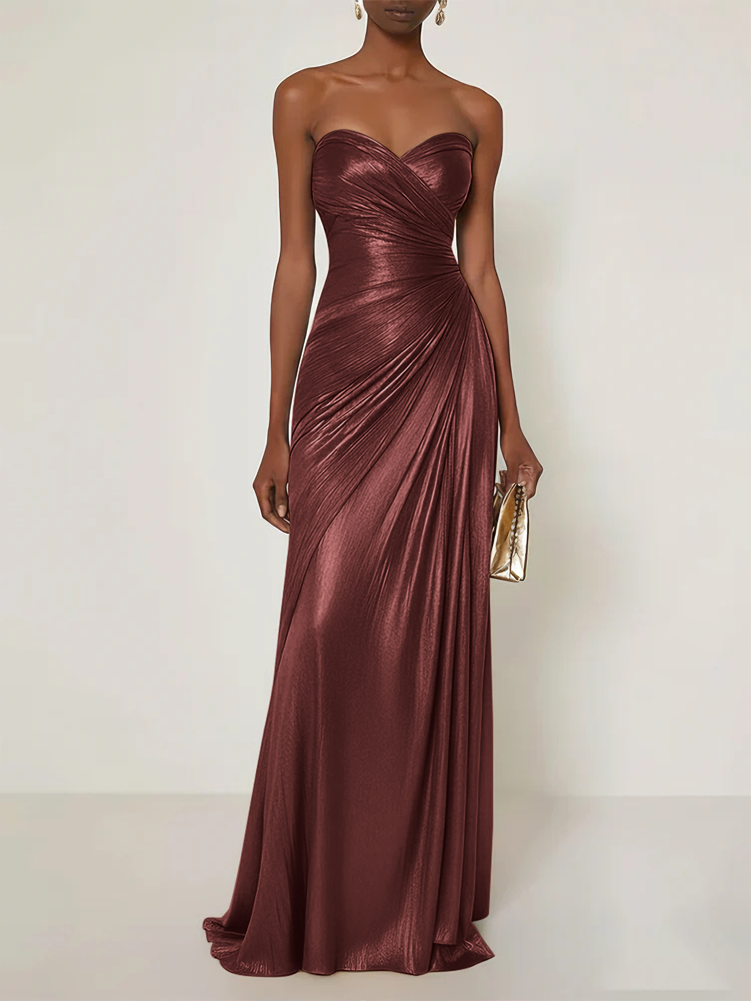 Evening Formal Dress V Neck Silk Ruffles Strapless Maxi Dress