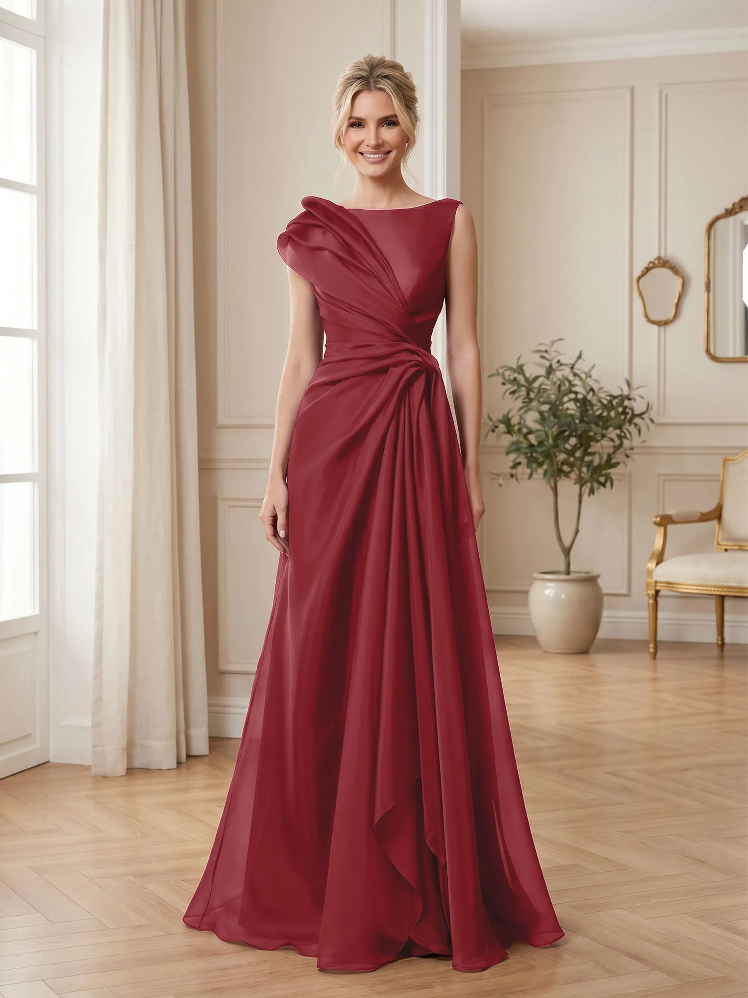 A Line Ruched Draped Tulle Evening Gown