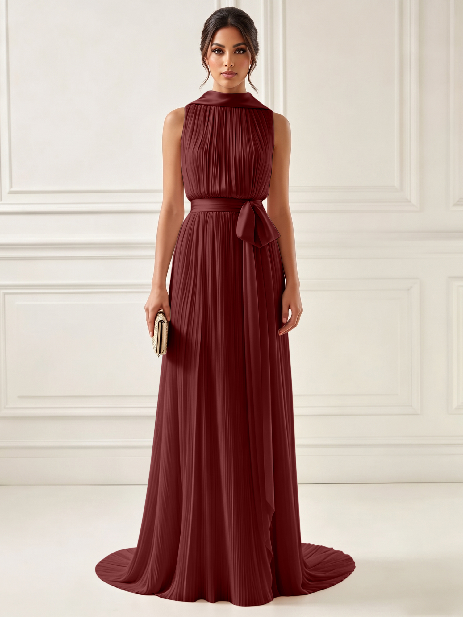 Ethereal Pleated Pastel Pink High Neck Maxi Formal Evening Dress with Satin Sash