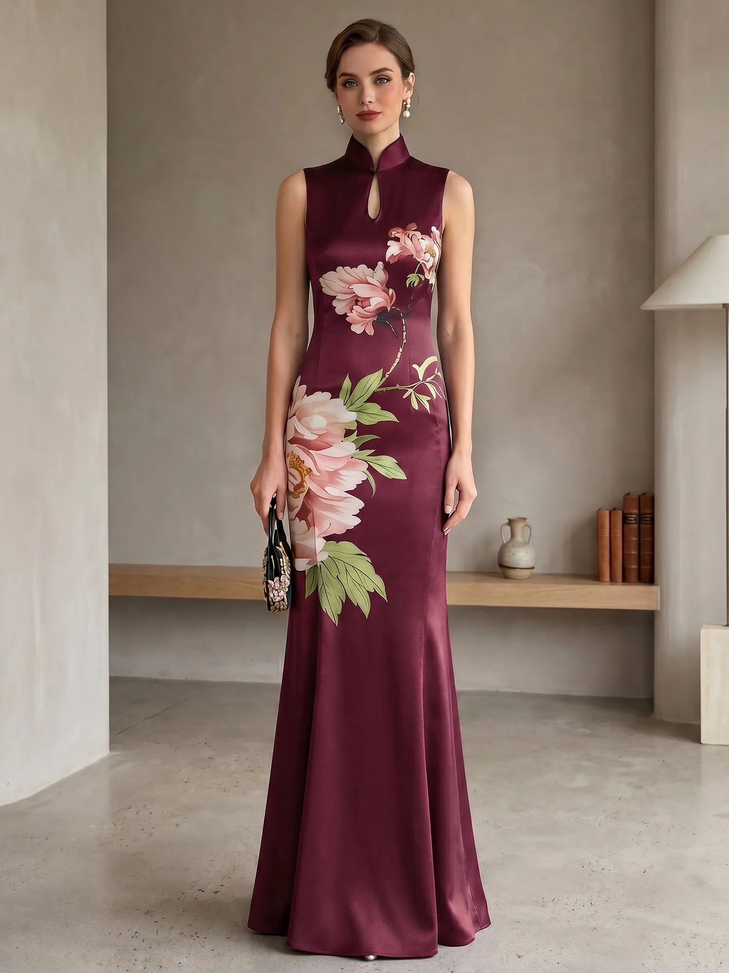 Satin Qipao-Inspired Floral Mermaid Evening Gown