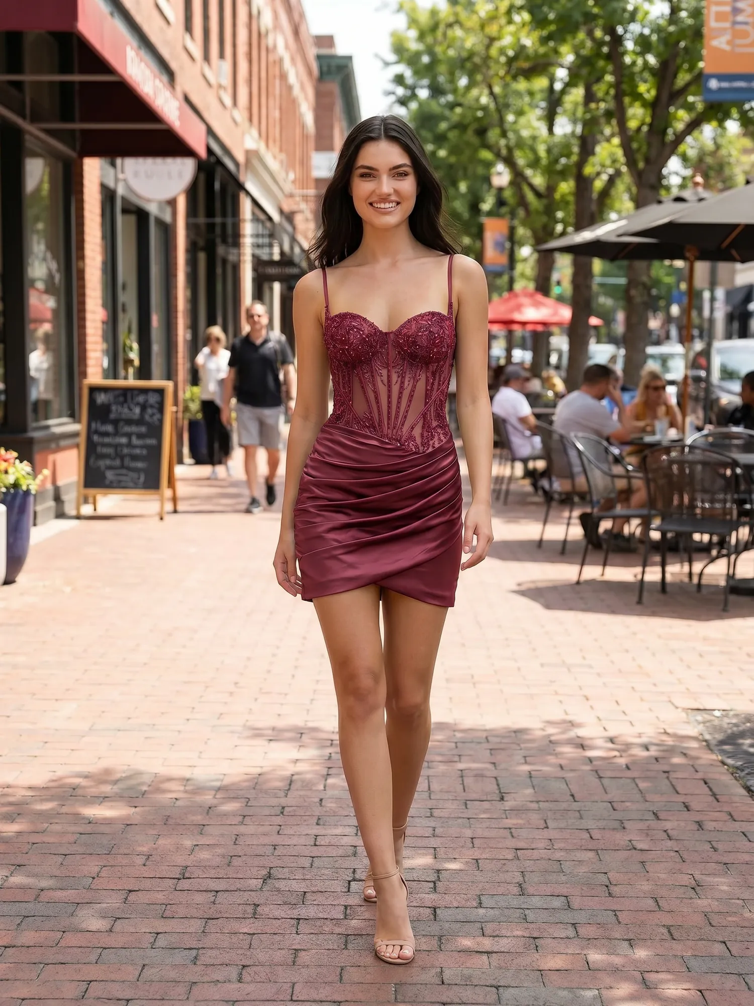 Spaghetti Straps Lace Corset Satin Homecoming Dress
