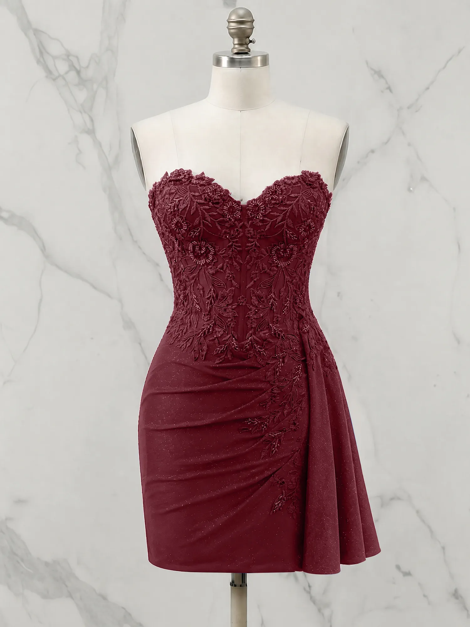 Strapless Lace Appliqué Glitter Homecoming Dress with Side Drape
