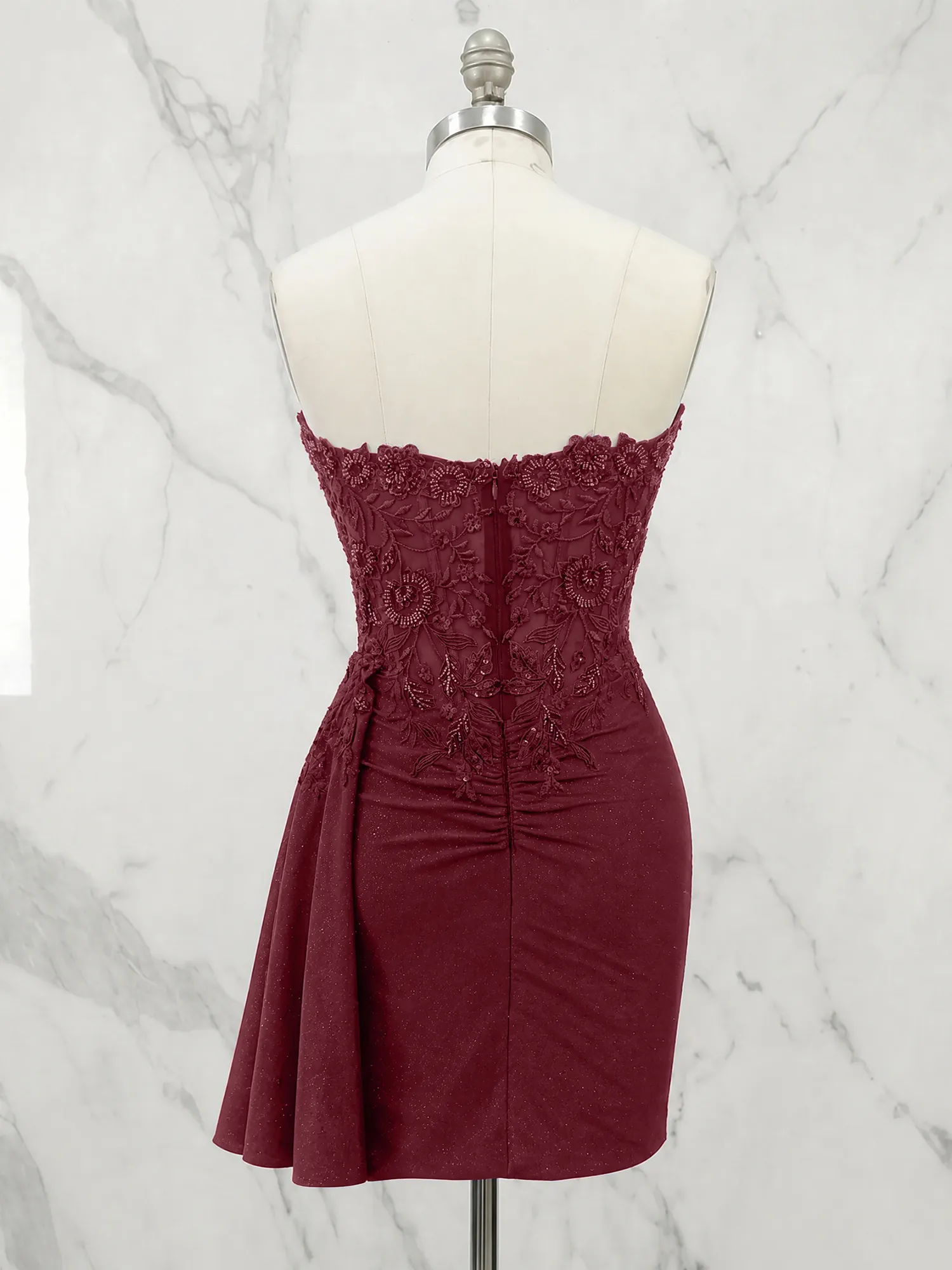 Strapless Lace Appliqué Glitter Homecoming Dress with Side Drape