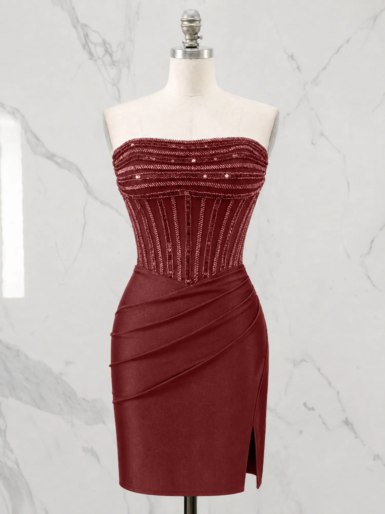 Strapless Beaded Corset Homecoming Dress with Ruched Skirt