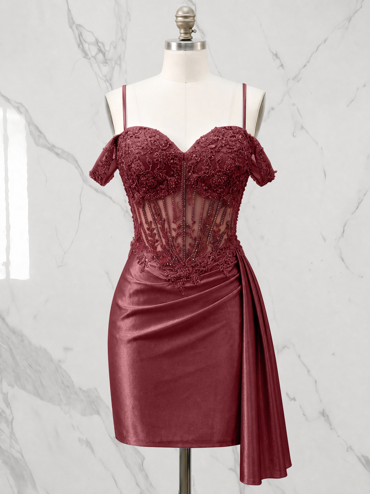 Off-the-Shoulder Lace Corset Homecoming Dress with Side Drape