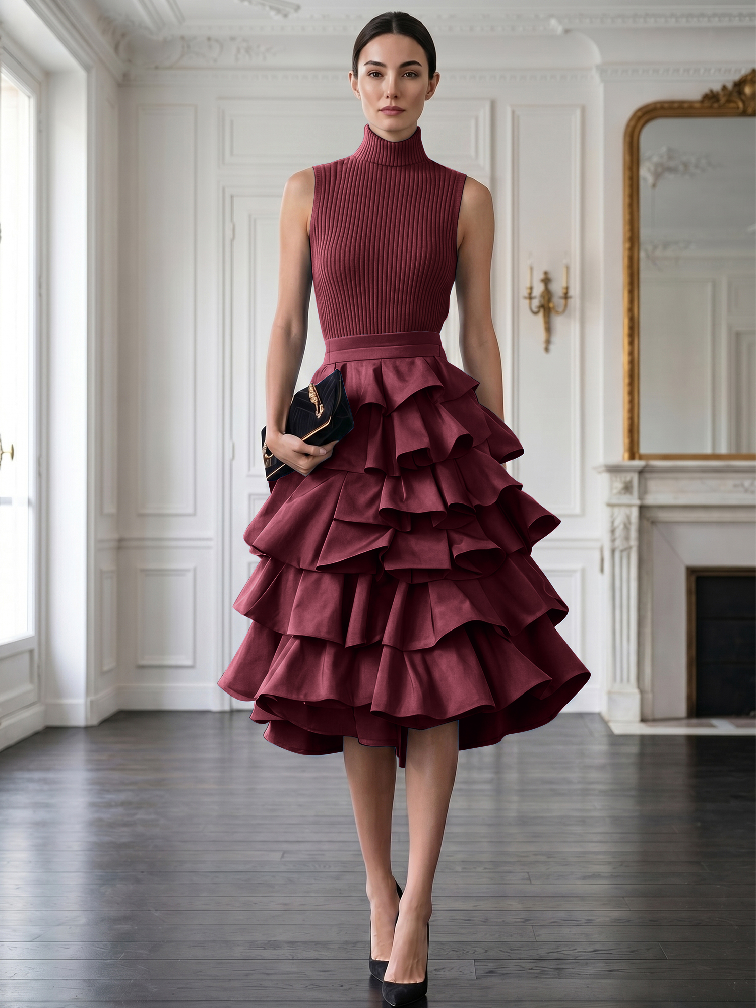 Avant-Garde Black High-Neck Tiered Ruffled Evening Gown