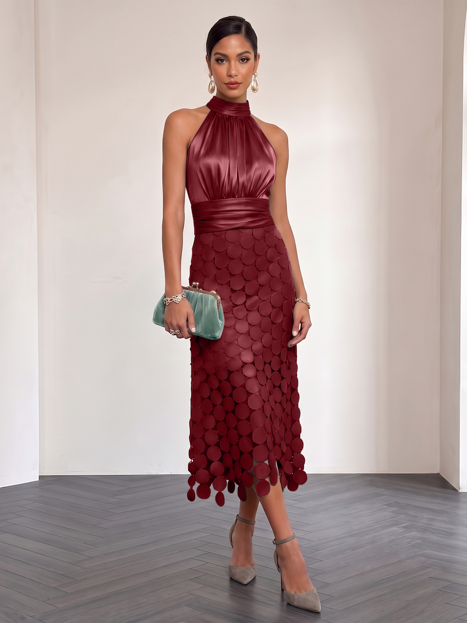 Ice Blue Satin Halter Circle Motif Midi Formal Evening Gown