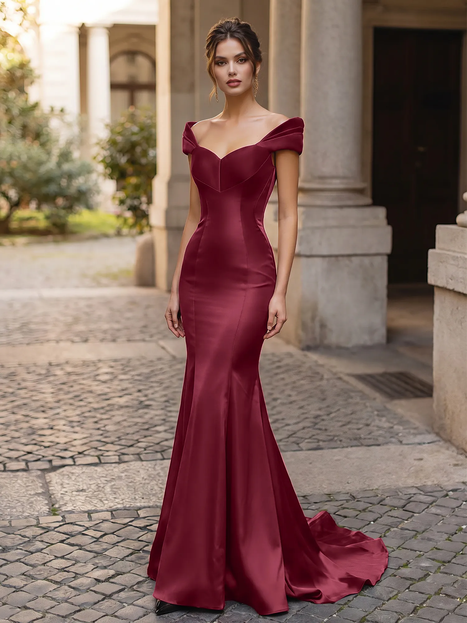 Off-the-Shoulder Sweetheart Lace-Up Back Satin Mermaid Prom Dress
