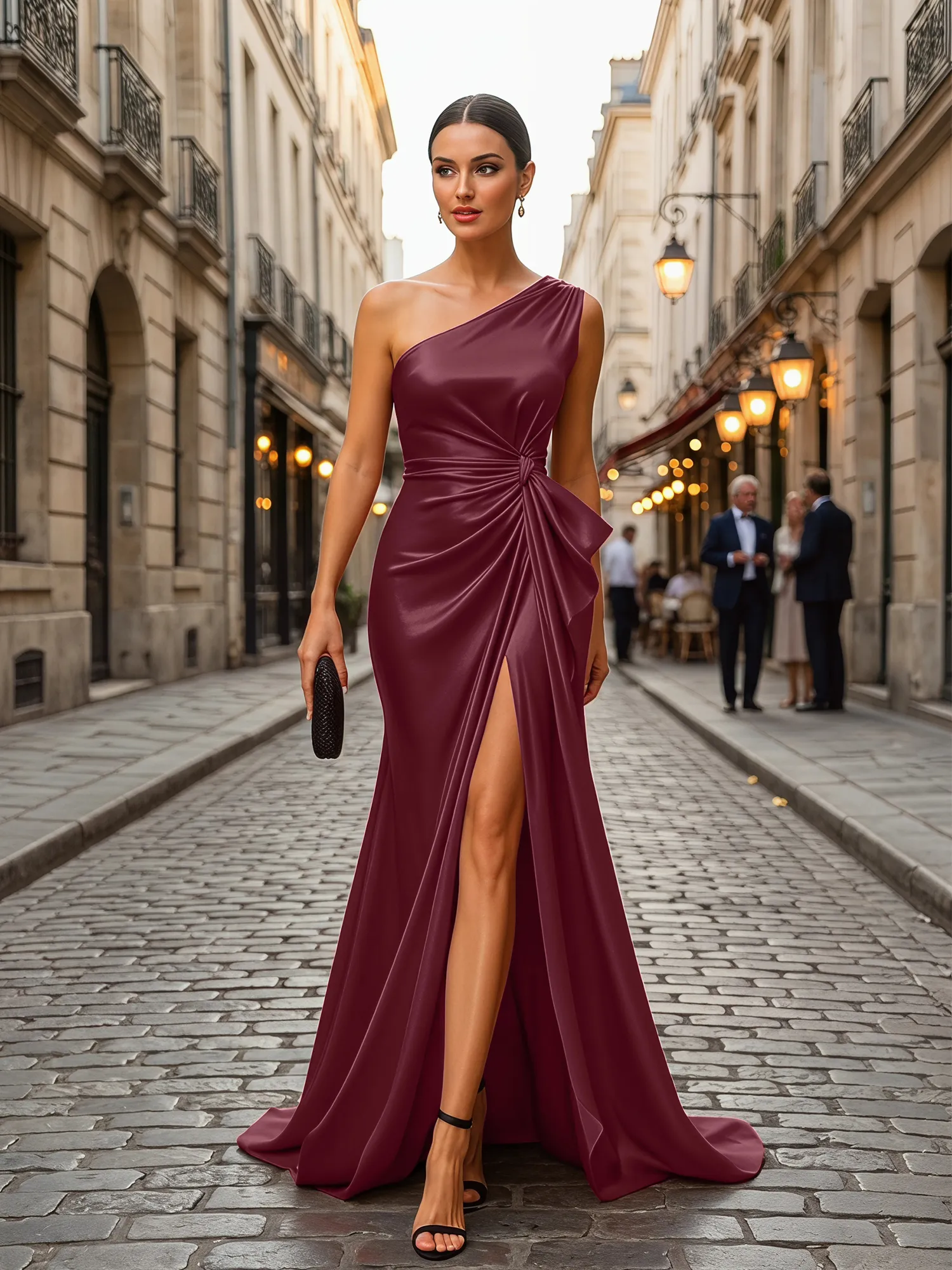 One-Shoulder Satin Gown with Waist Knot and Slit