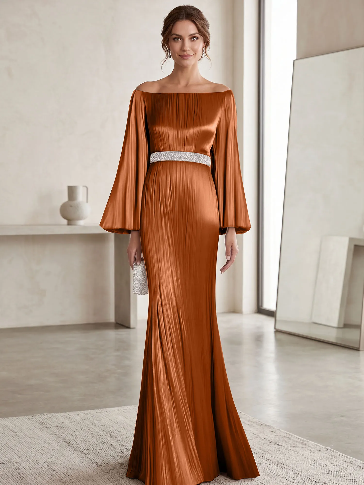 Off-the-Shoulder Pleated Satin Evening Gown with Beaded Waistband