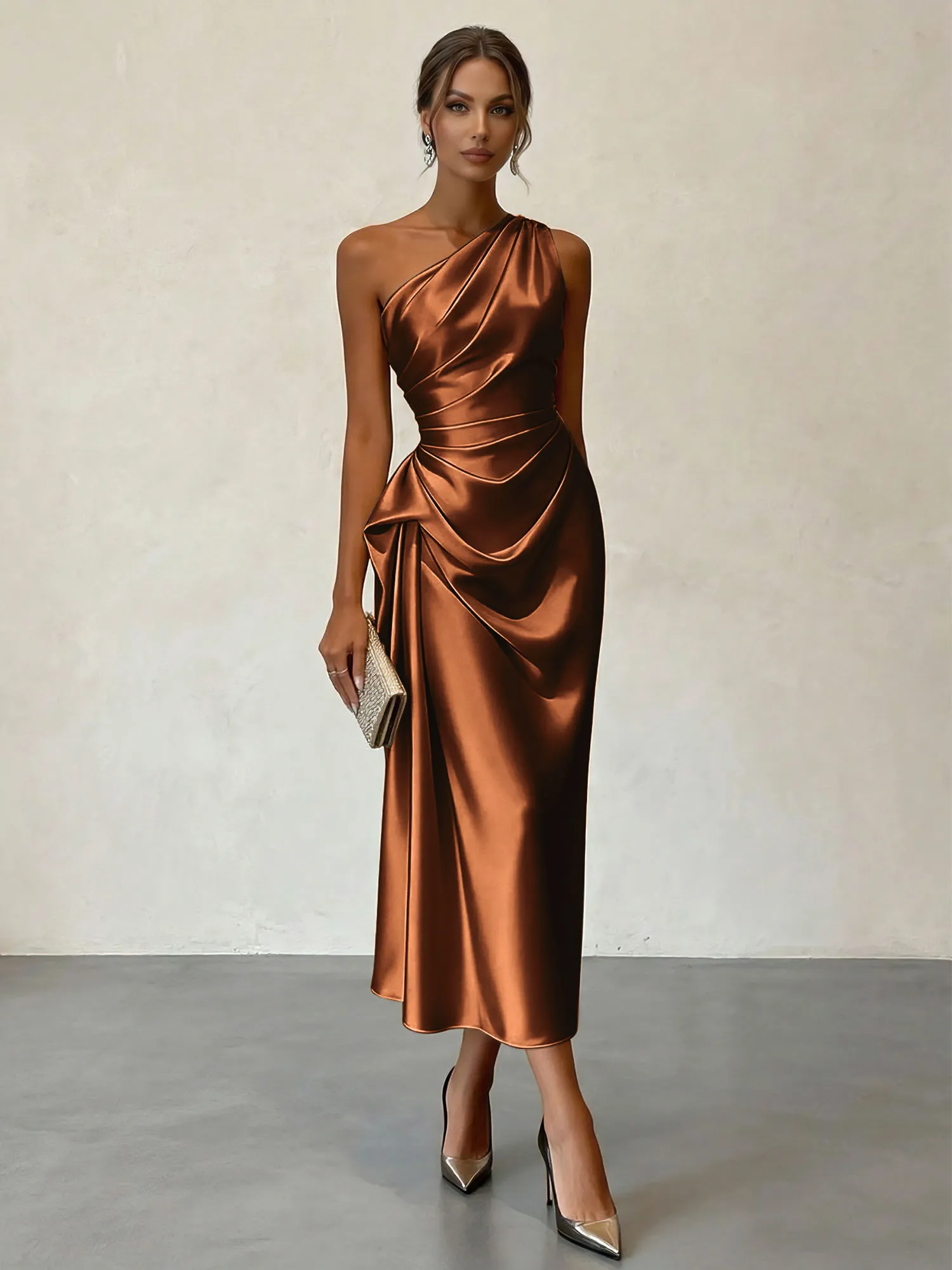 One-Shoulder Ruched Satin Midi Evening Dress with Draped Detail