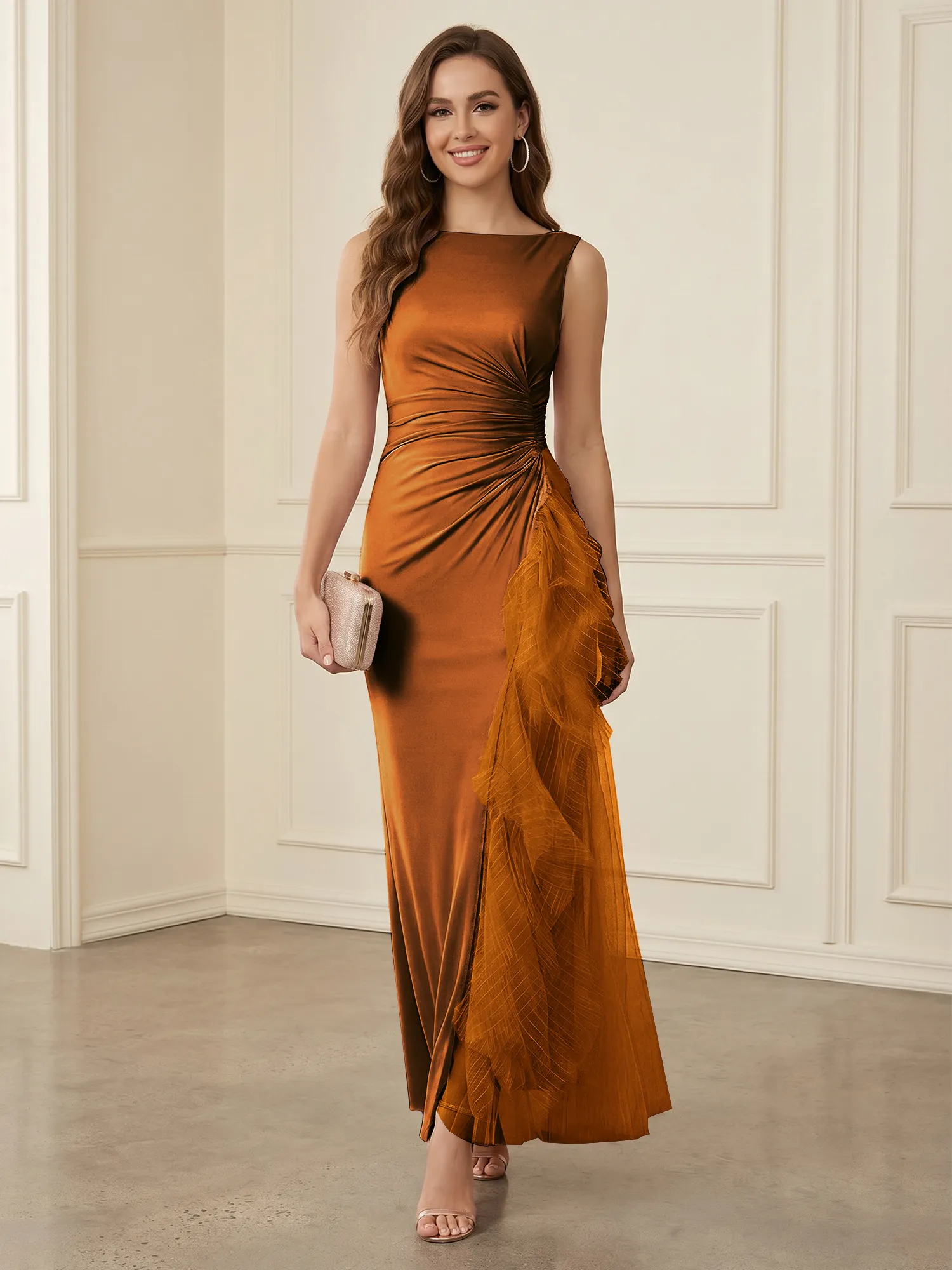 Sleeveless Ruched Sheath Evening Gown with Tulle Ruffle Detail