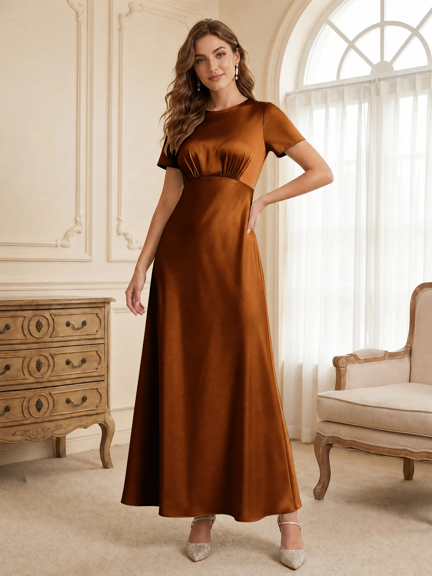 Round Neck Short Sleeve Satin Bridesmaid Dress