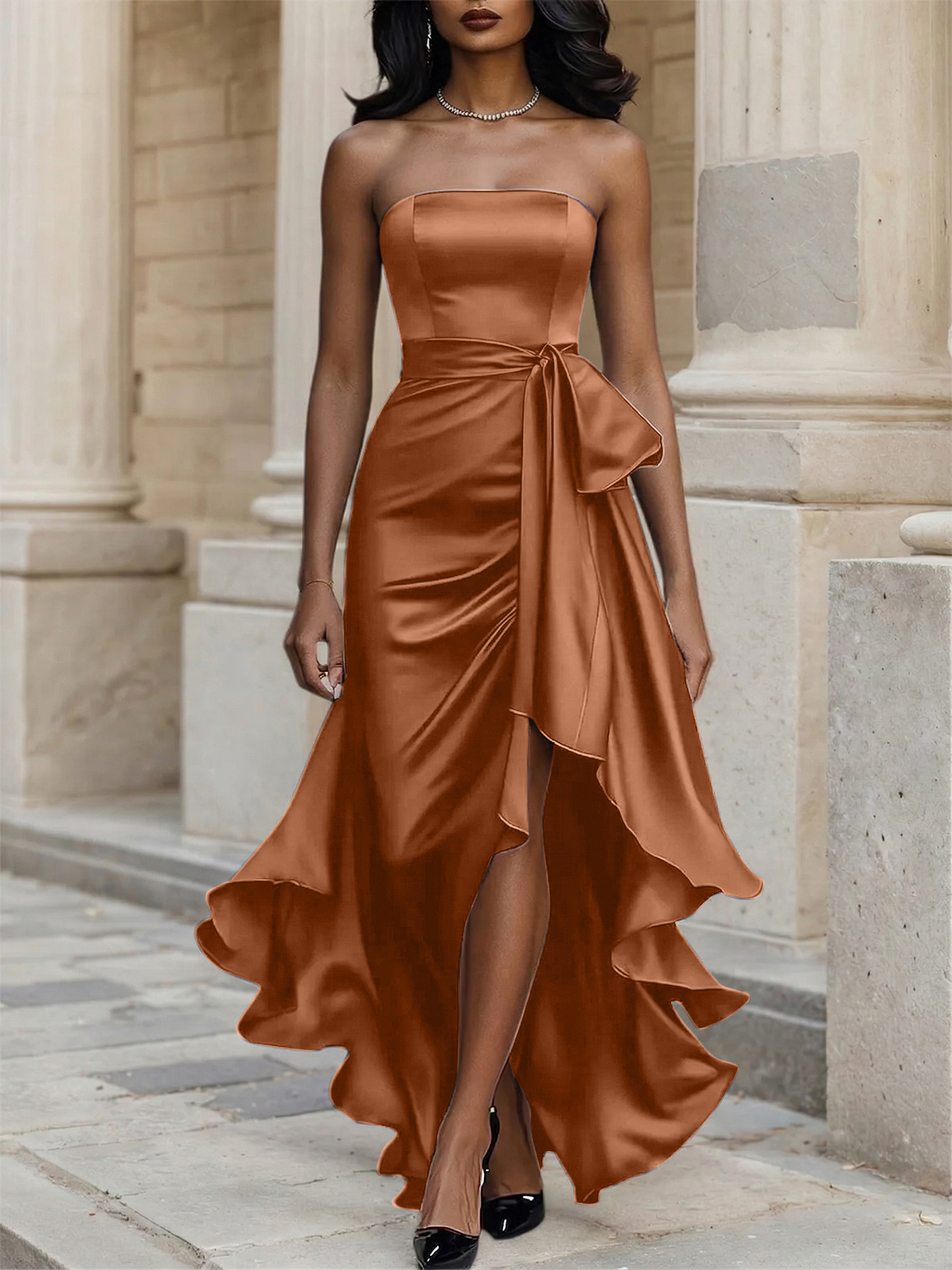 Glamorous Formal Dress Midnight Navy Strapless High-Low Satin Gown Midi Dress