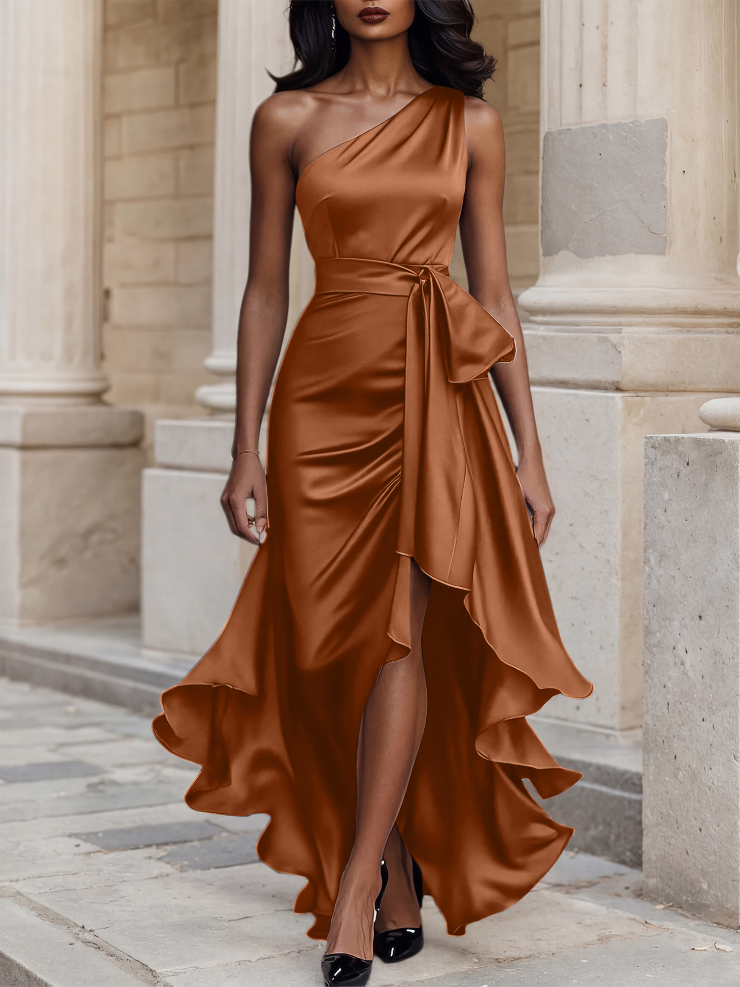 Glamorous Formal Dress Midnight Navy One Shoulder High-Low Satin Gown Midi Dress