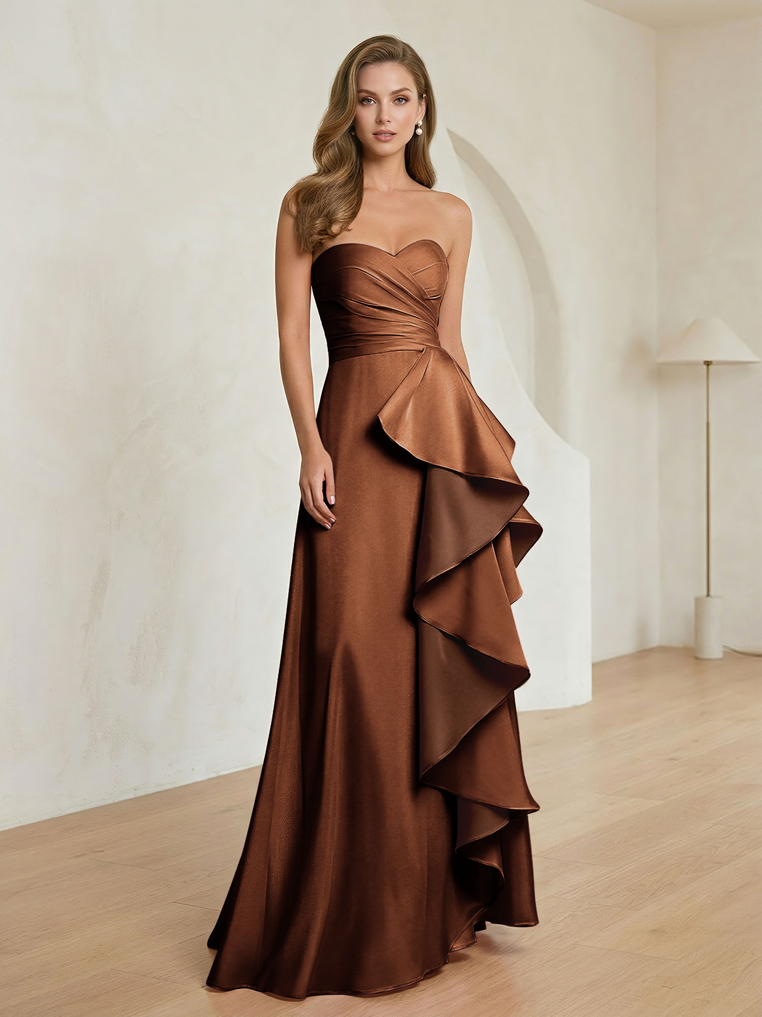 Formal Evening Dress Blush Strapless Ruffle Maxi Dress Gown