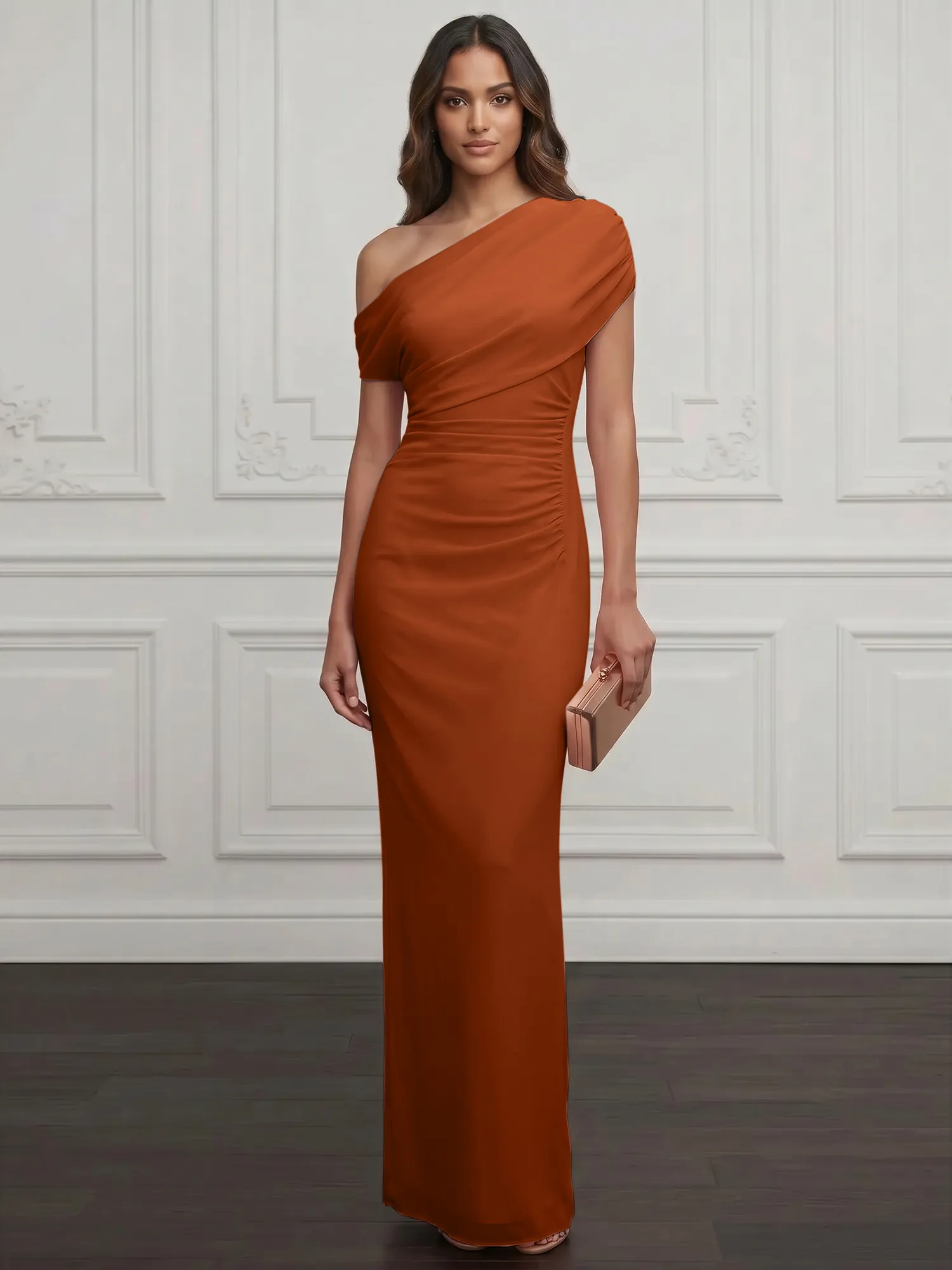 One-Shoulder Draped Chiffon Evening Gown