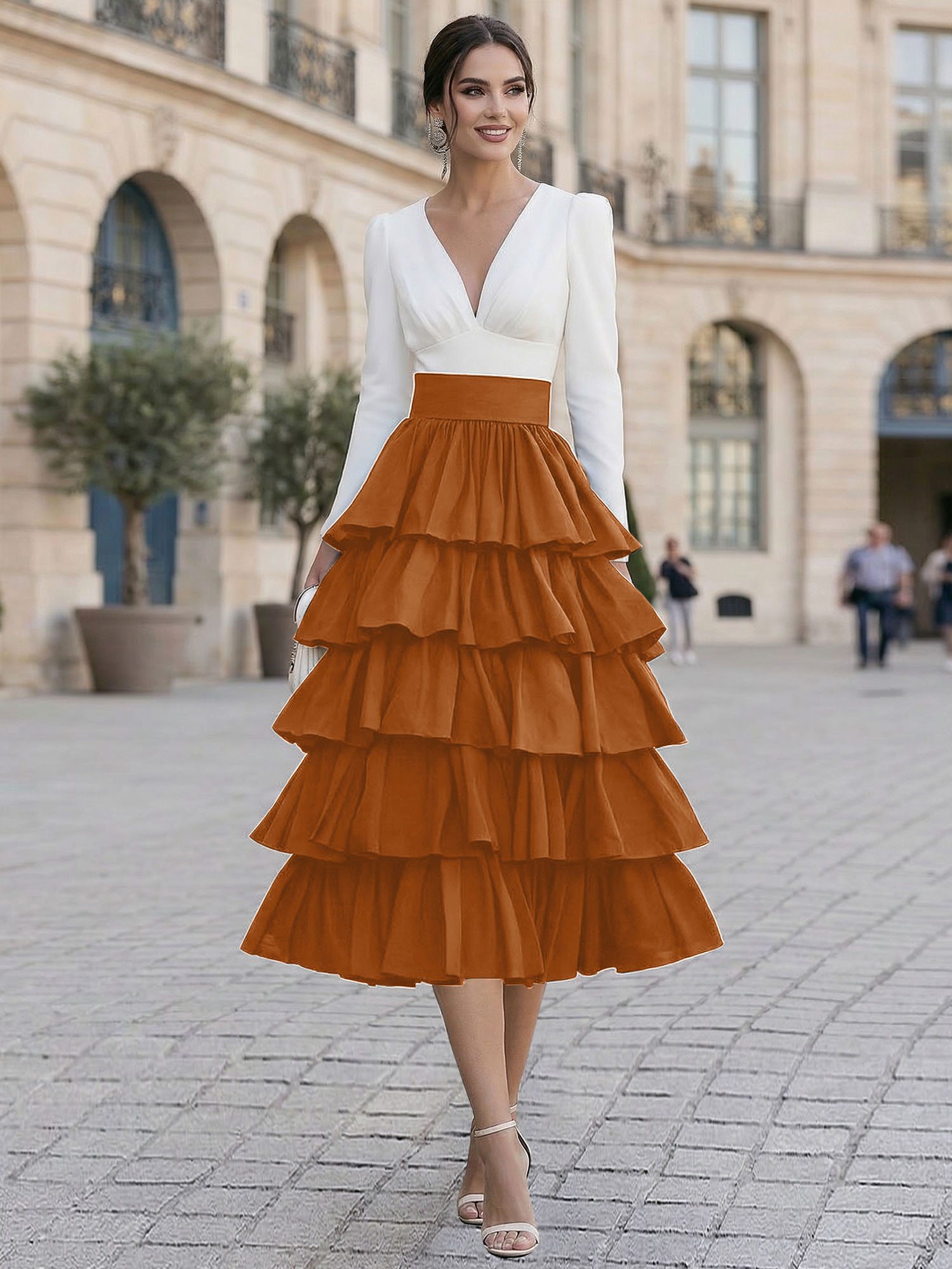 Elegant V-Neck Long Sleeve Tiered Ruffle Midi Dress with Contrast Waistband