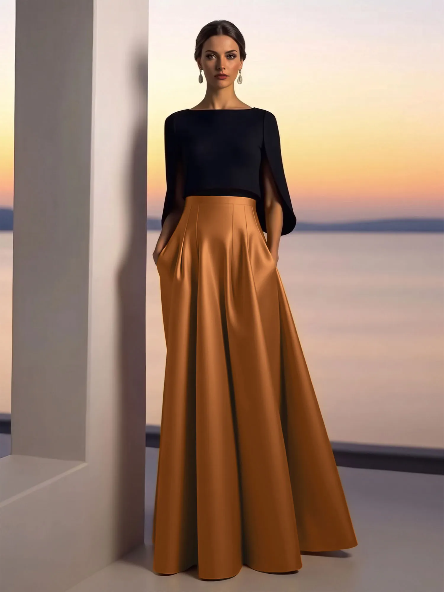 Two-Piece Cape Sleeve Satin Ball Gown Evening Dress