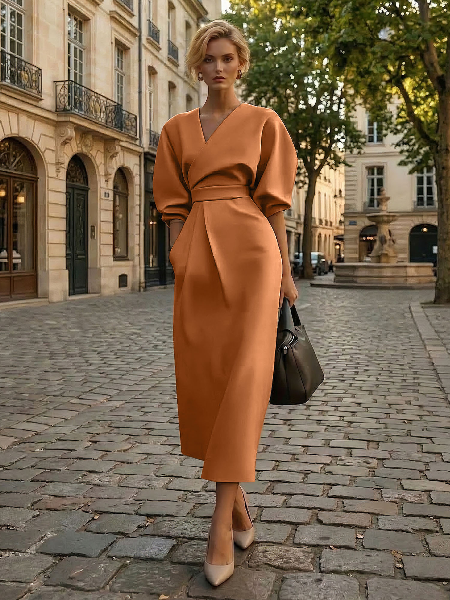 Sophisticated Camel V-Neck Balloon Sleeve Midi Dress Evening Gown