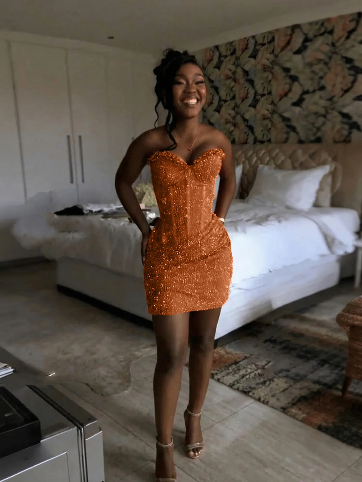 Glitter Strapless Mermaid Sequined Short Homecoming Mini Dress