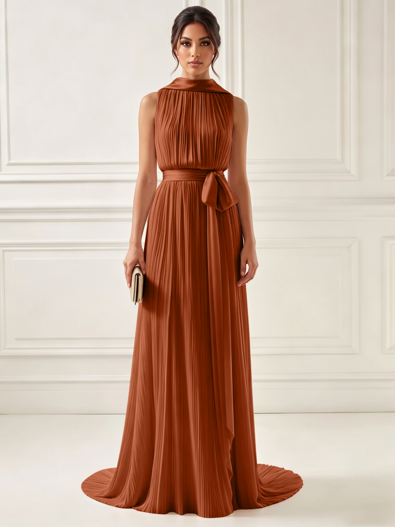 Ethereal Pleated Pastel Pink High Neck Maxi Formal Evening Dress with Satin Sash