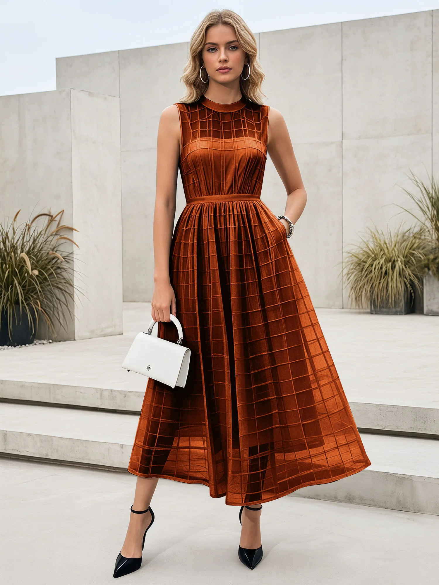 Sleeveless Grid Mesh A-Line Midi Evening Dress