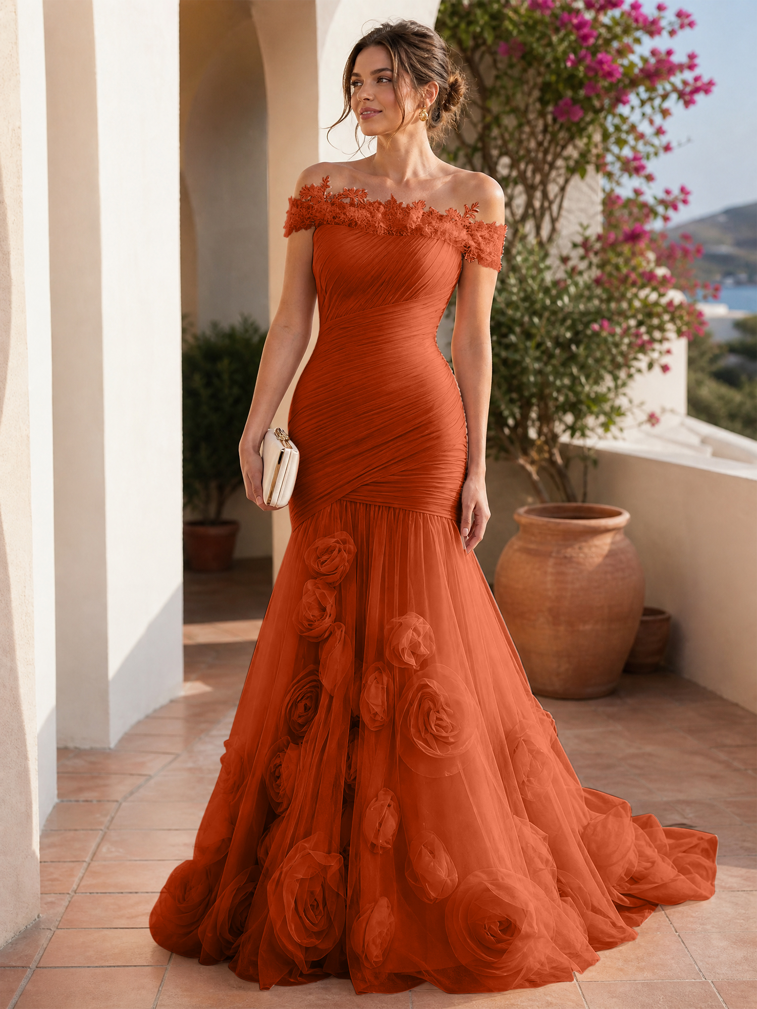 Romantic Blushing Rose Off-the-Shoulder Mermaid Formal Evening Dress 