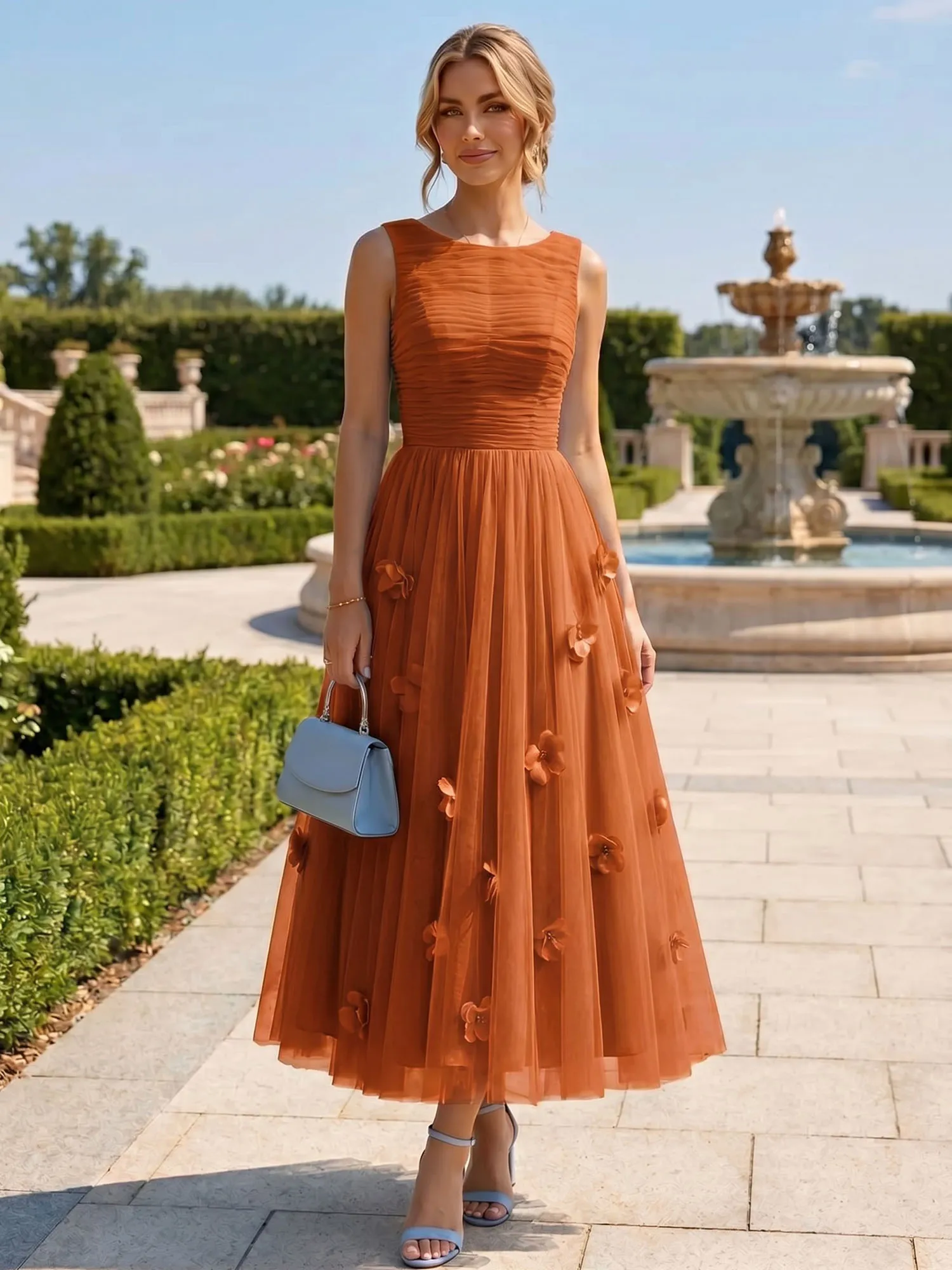 A Line Sleeveless Tulle Midi Dress with 3D Floral Appliqués