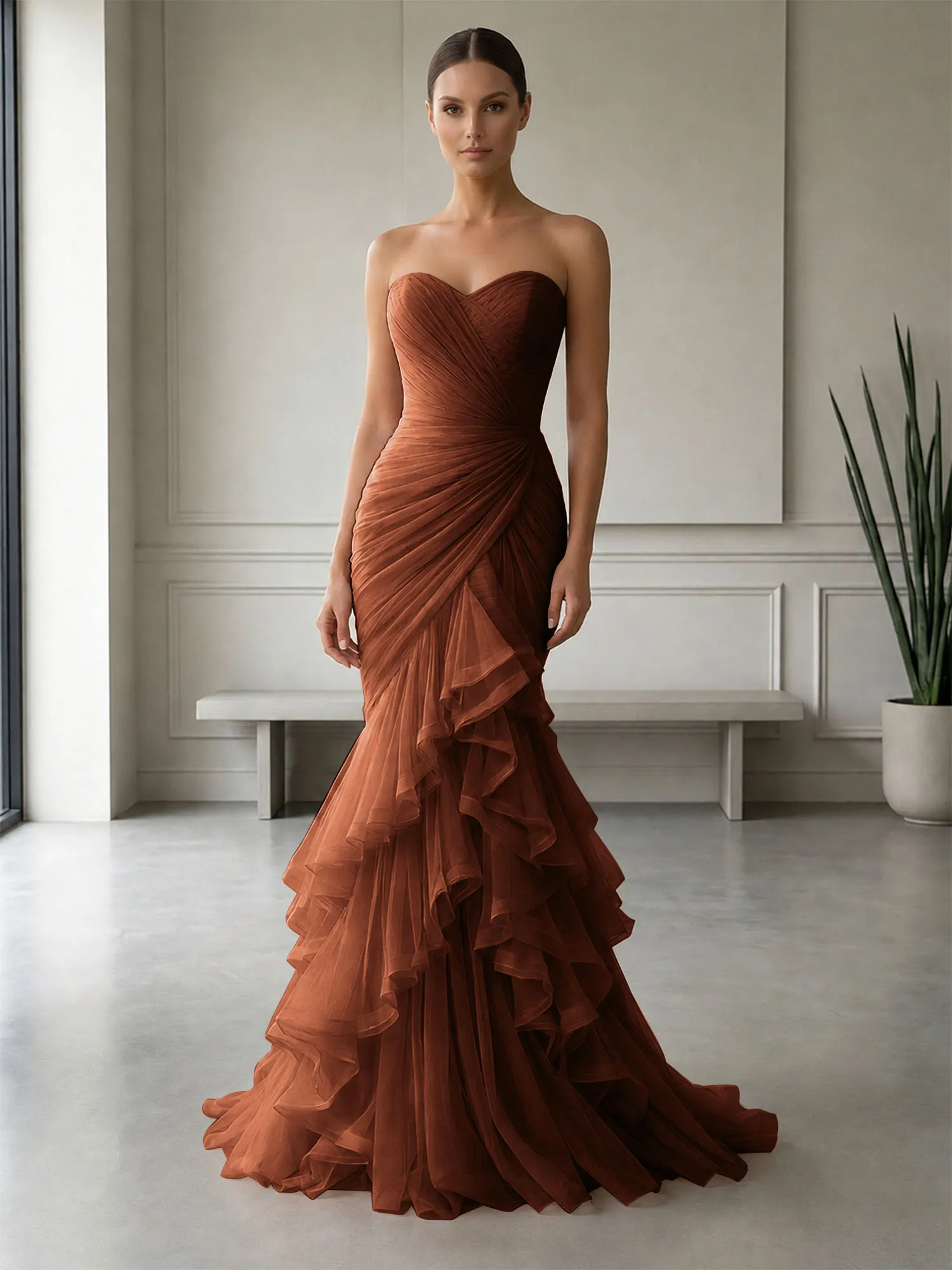 Strapless Ruched Tulle Mermaid Evening Gown Maxi Dress