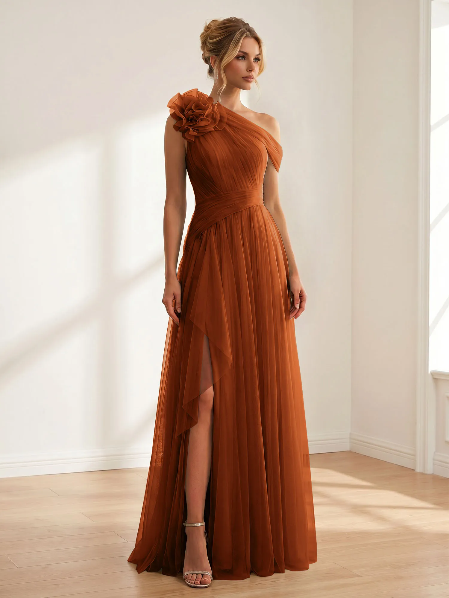 One-Shoulder Tulle Evening Gown with Floral Accent