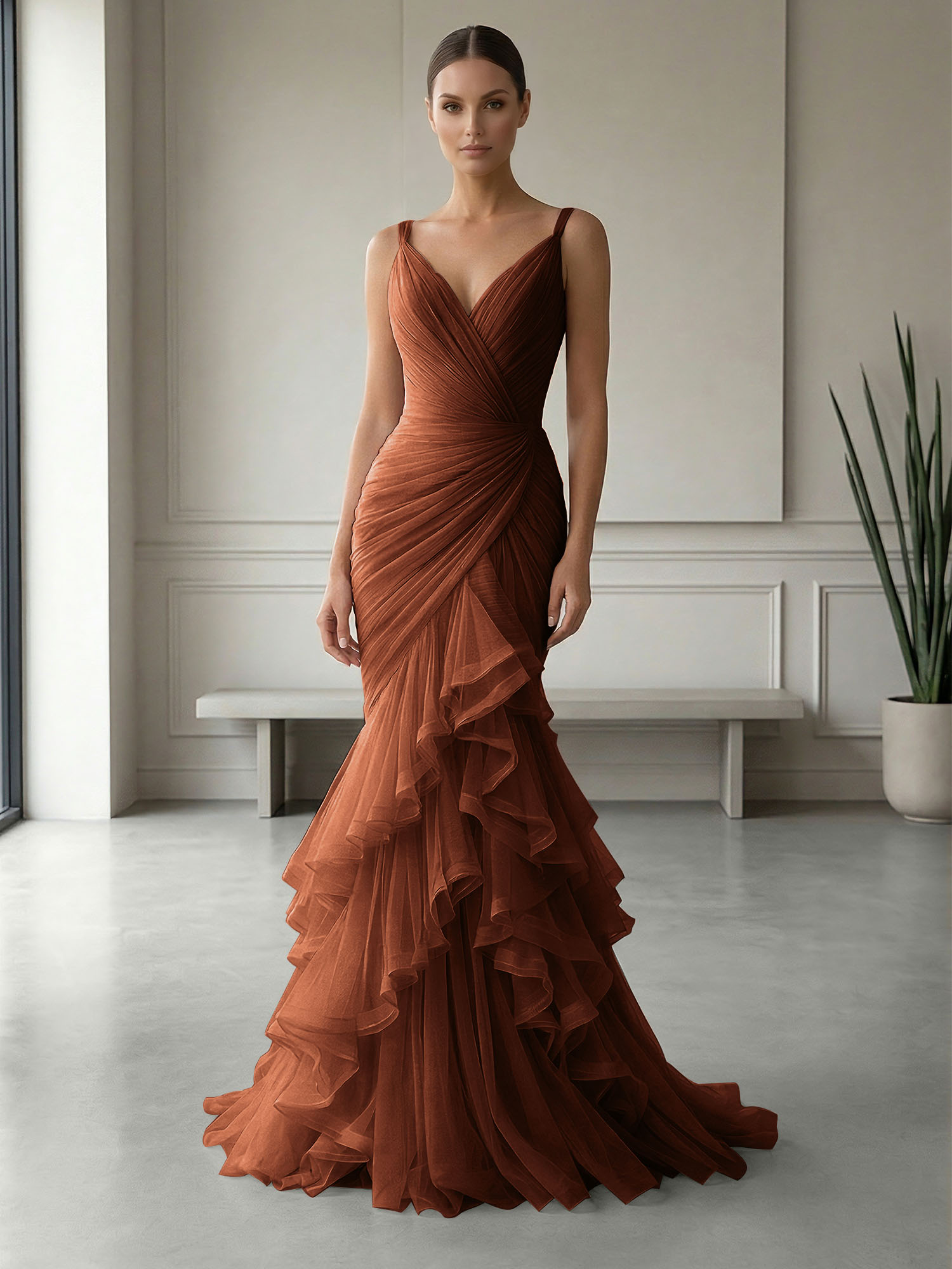 Mauve Folds Tulle Strapless Sleeveless Mermaid Gown Dress