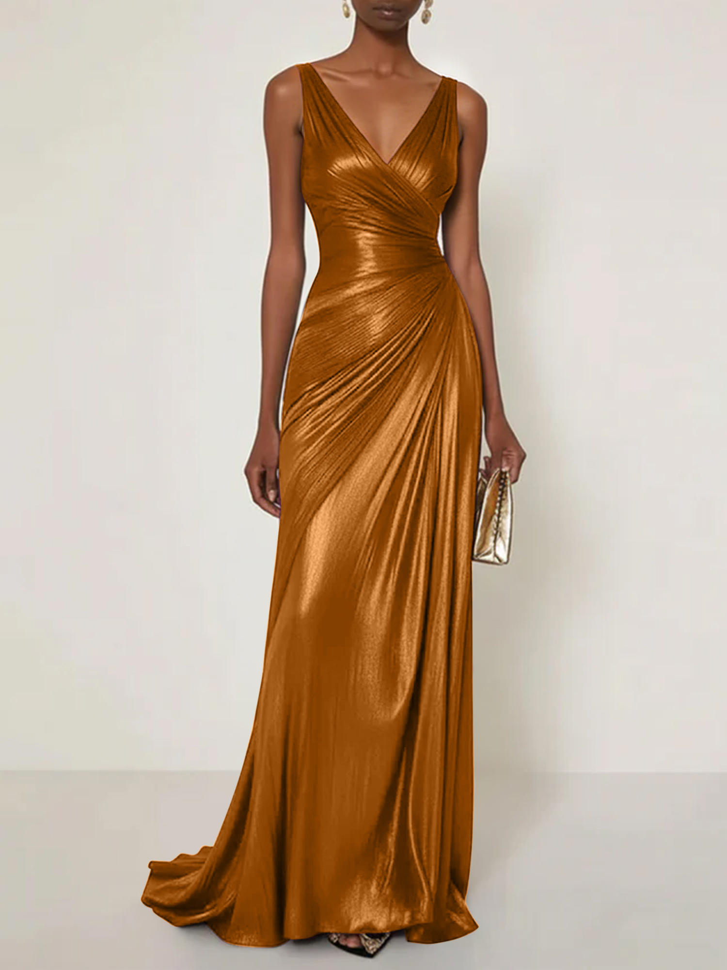 Evening Formal Dress V Neck Silk Ruffles Maxi Dress Gown