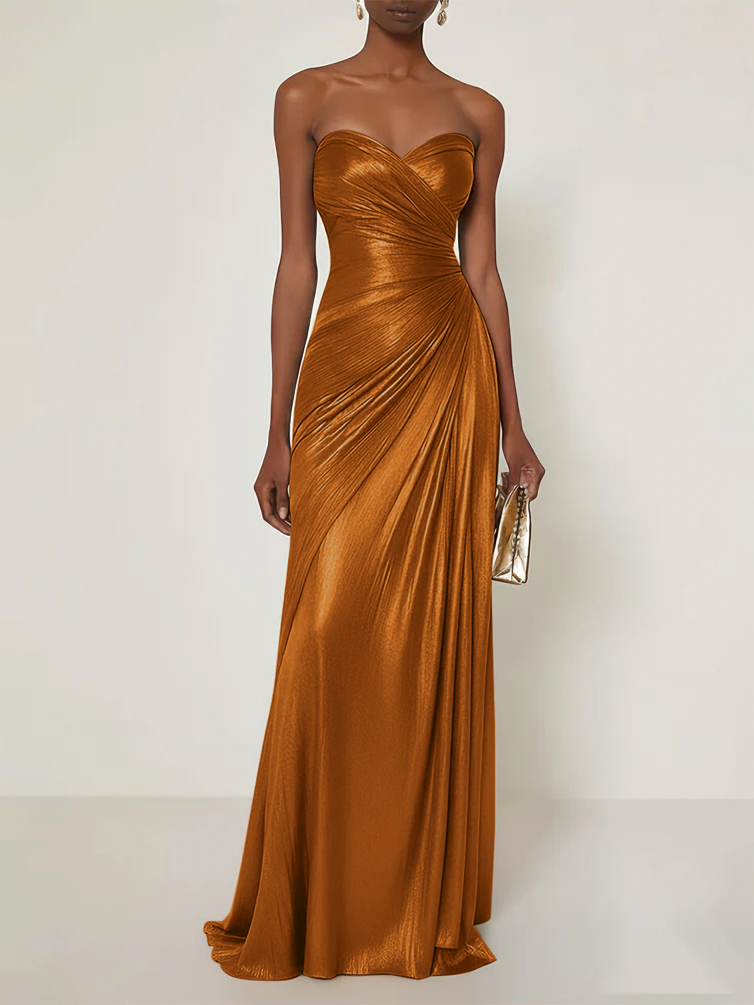 Evening Formal Dress V Neck Silk Ruffles Strapless Maxi Dress