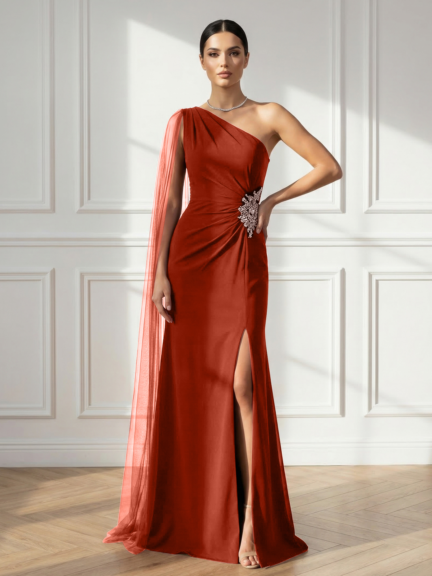 Formal Evening Dress Burgundy One Shoulder Slit Maxi Dress Gown