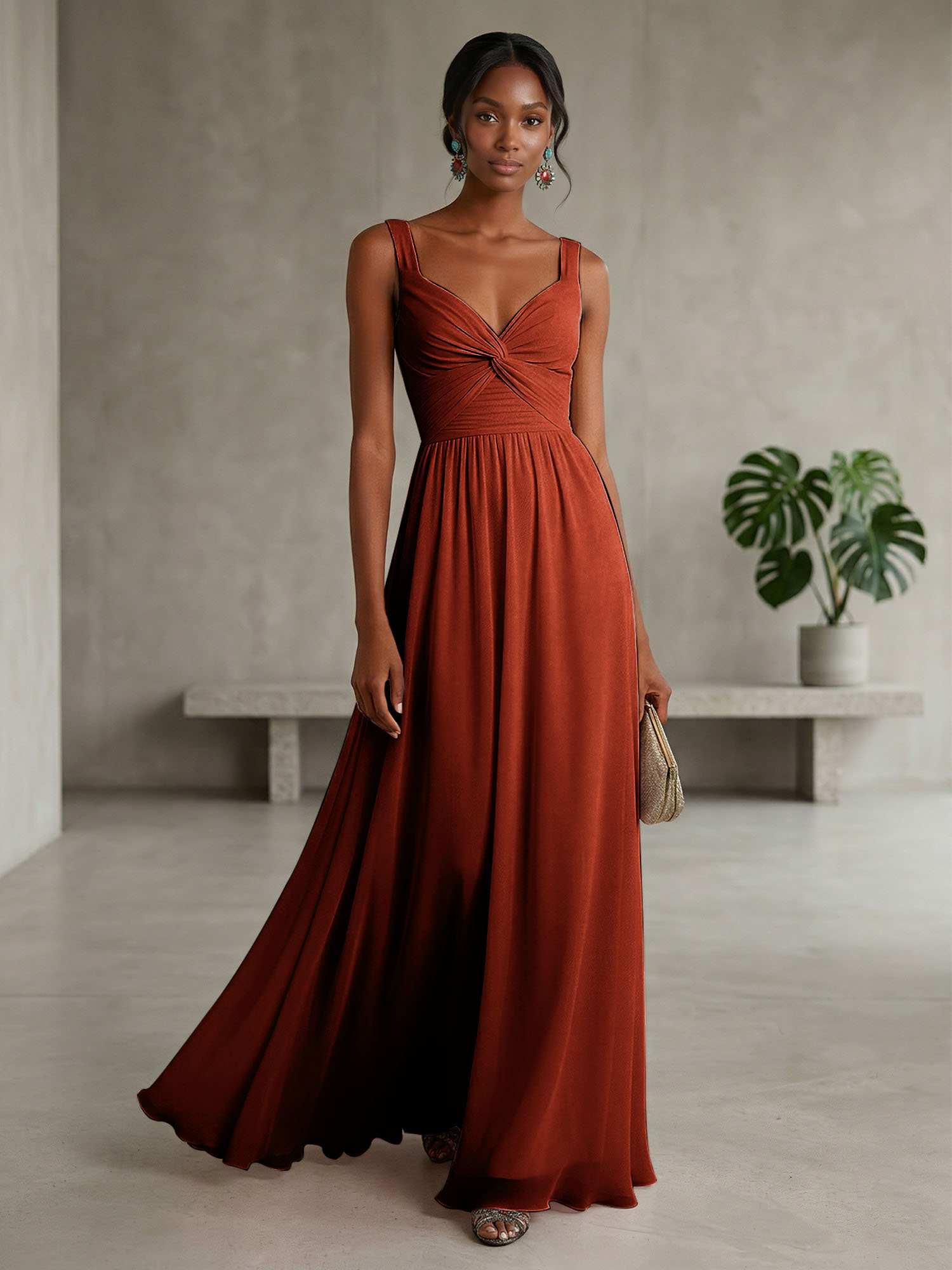 Elegant Soft Blush Twist-Front Chiffon Maxi Gown