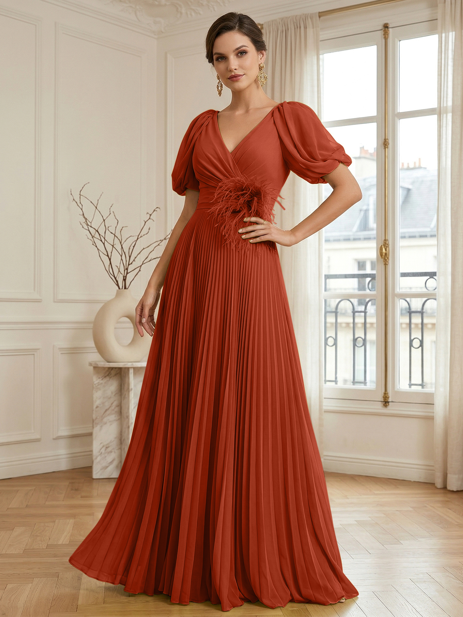 A-Line Chiffon Evening Gown with Feather V-Neck Short Sleeves Formal Dress