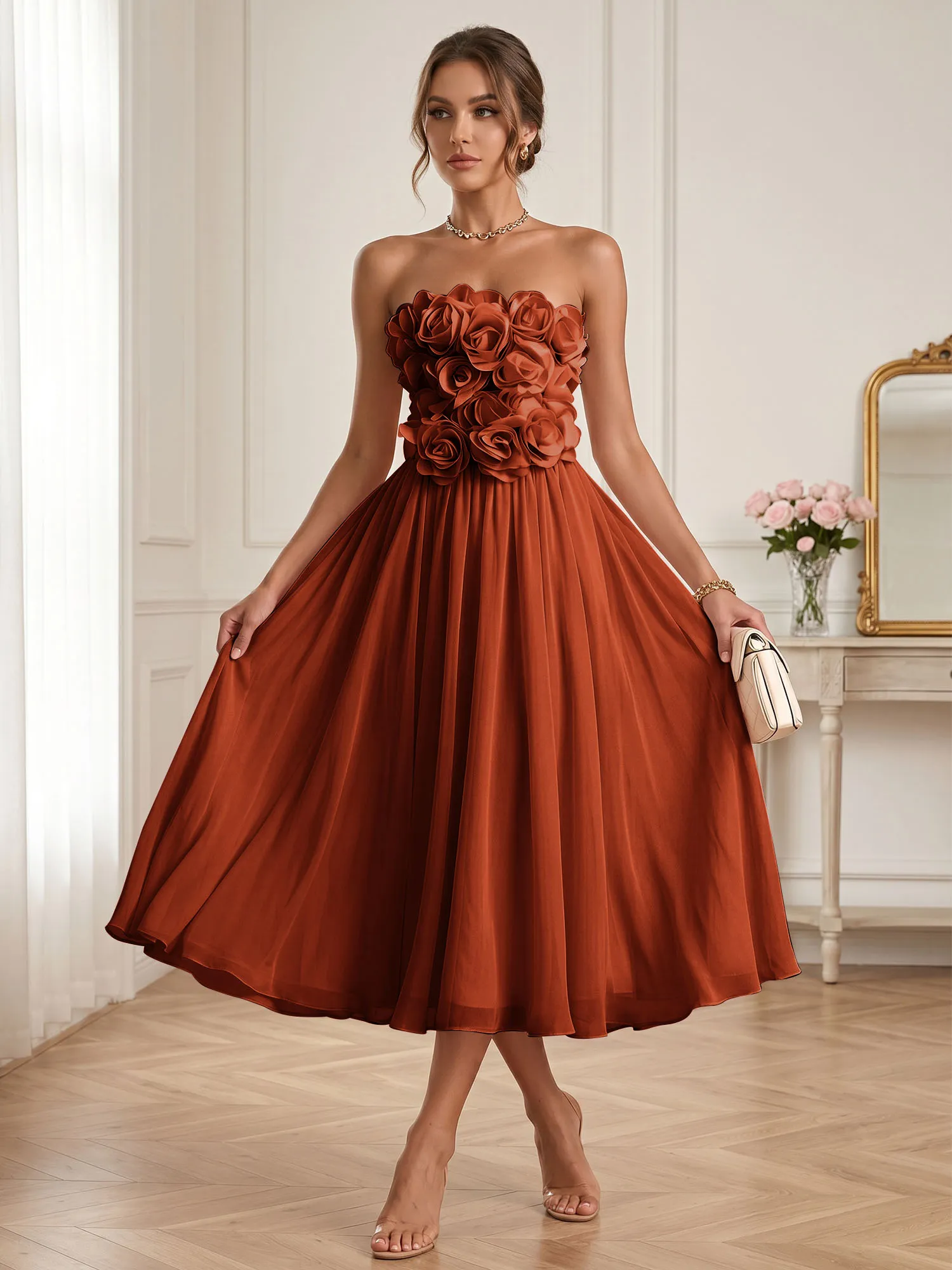 Strapless 3D Floral Chiffon A-Line Midi Formal Dress