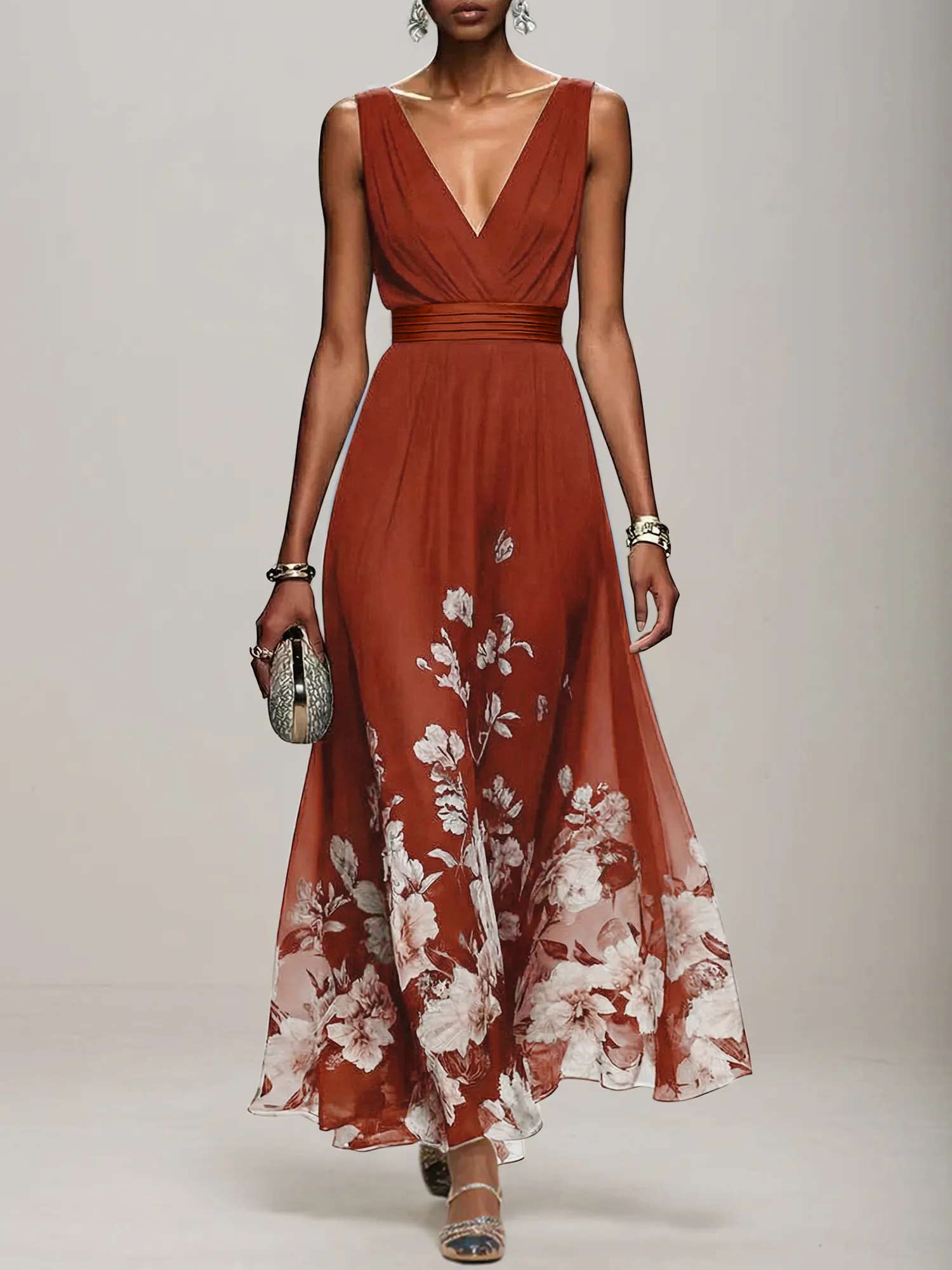 V-Neck Floral Print Chiffon Maxi Evening Dress with Satin Waist Bow