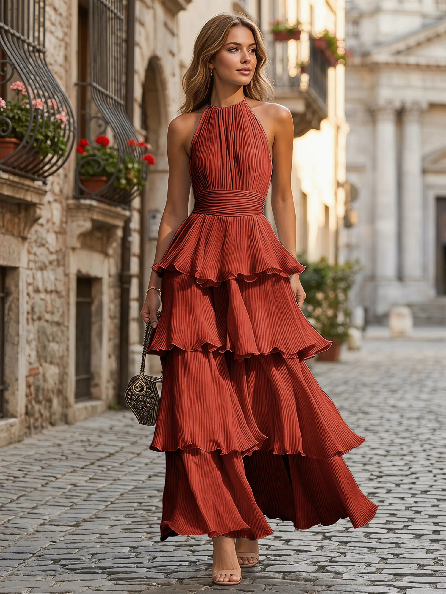 A Line Halter Neck Tiered Ruffle Chiffon Evening Dress