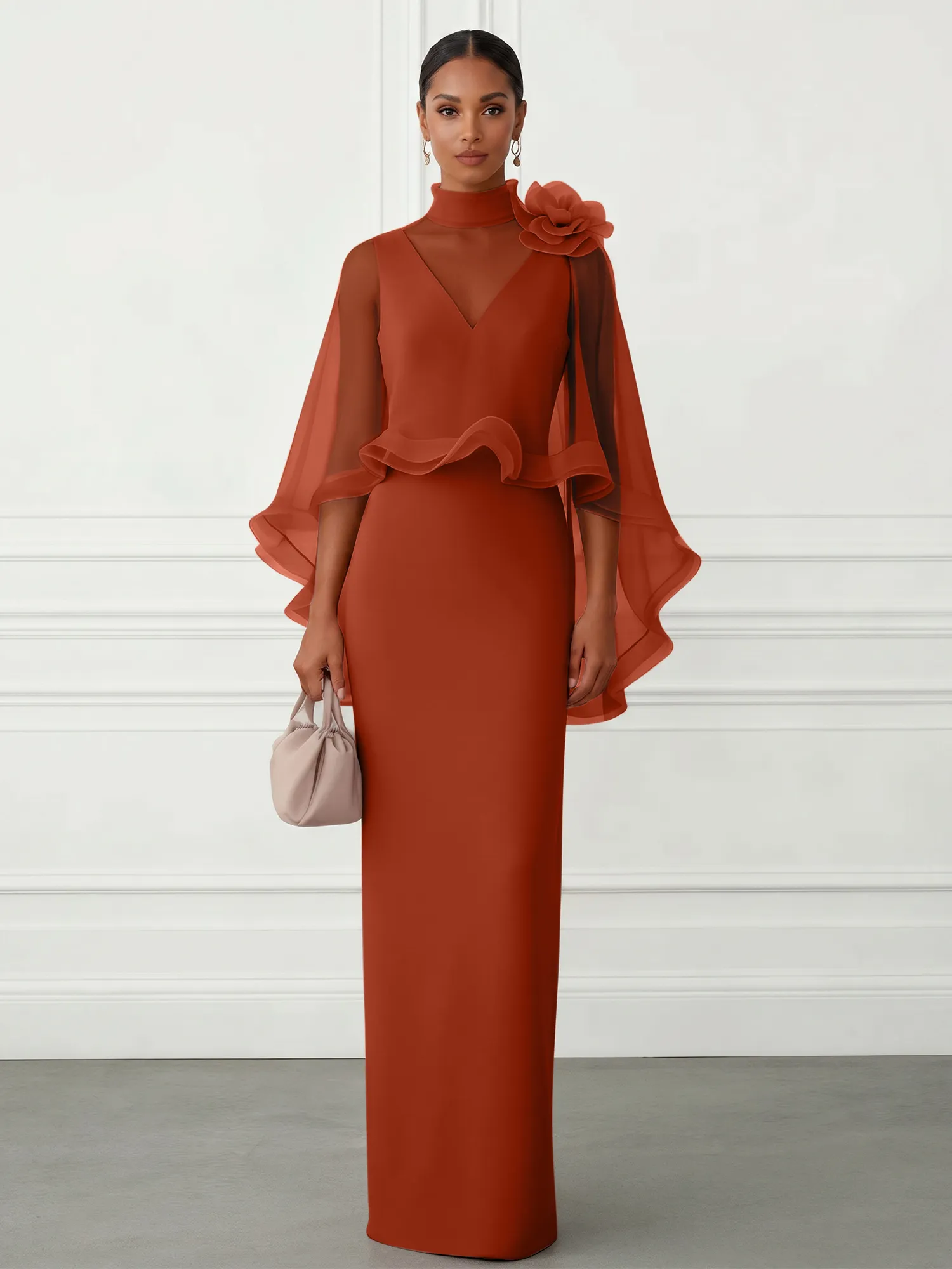 High-Neck Chiffon Cape Sleeve Sheath Evening Gown